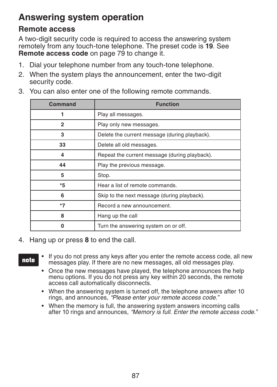 Answering system operation, Remote access | VTech DS6421-26 Manual User Manual | Page 92 / 125