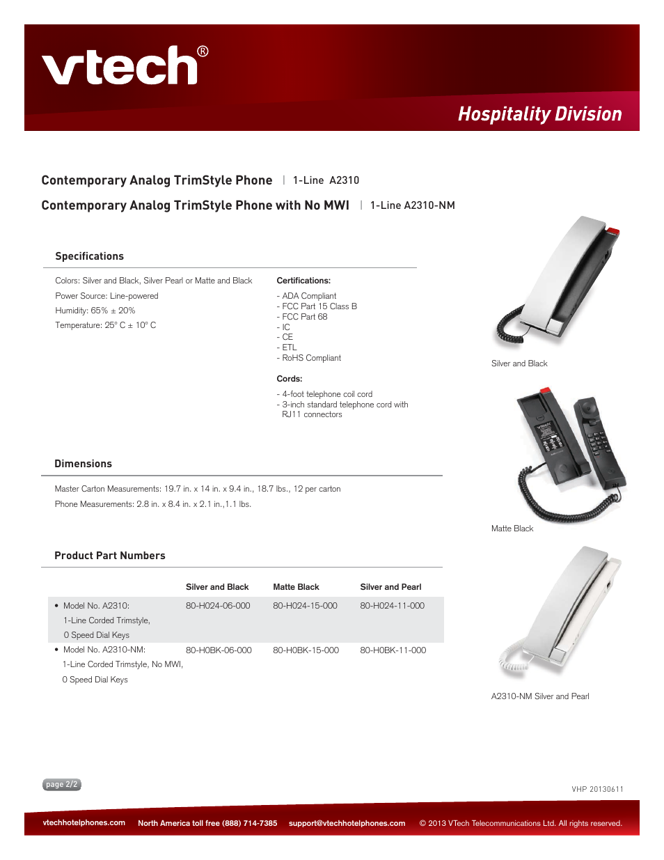 Key features, Contemporary analog trimstyle phone, Contemporary analog trimstyle phone with no mwi | VTech A2310-NM Spec Sheets User Manual | Page 2 / 2