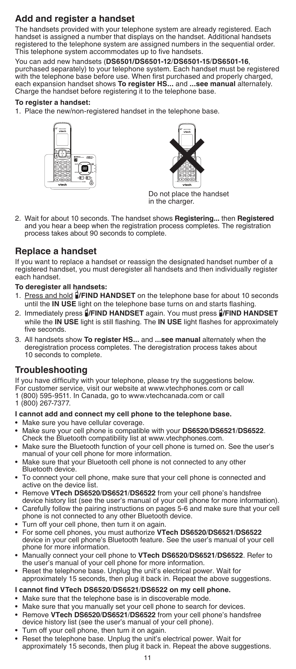 Add and register a handset, Replace a handset, Troubleshooting | VTech DS6522-3-32-4 Abridged manual User Manual | Page 11 / 16