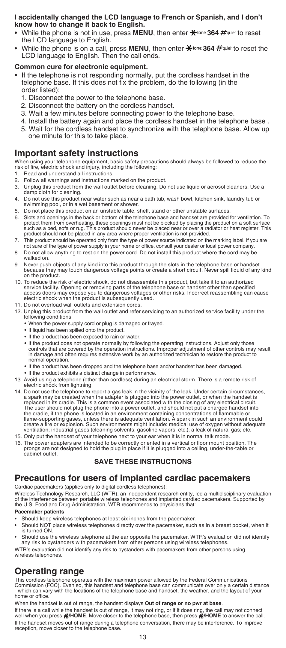 Important safety instructions, Operating range, Save these instructions | VTech DS6522-3-32-4 Abridged manual User Manual | Page 13 / 16