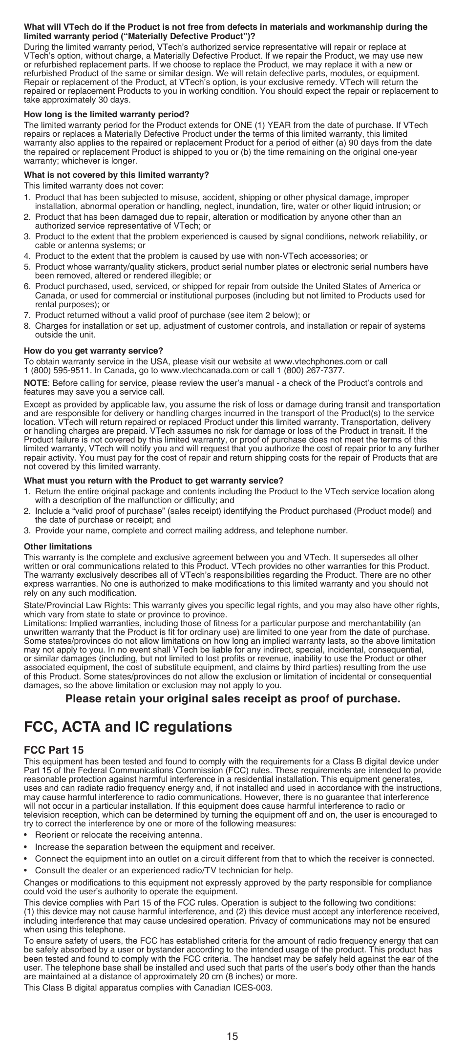 Fcc, acta and ic regulations, Fcc part 15 | VTech DS6522-3-32-4 Abridged manual User Manual | Page 15 / 16