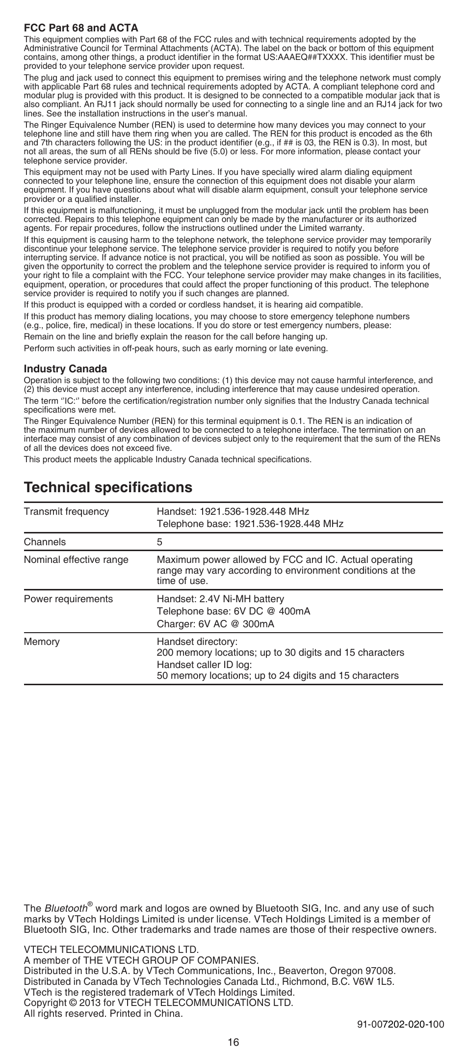 Technical specifications | VTech DS6522-3-32-4 Abridged manual User Manual | Page 16 / 16