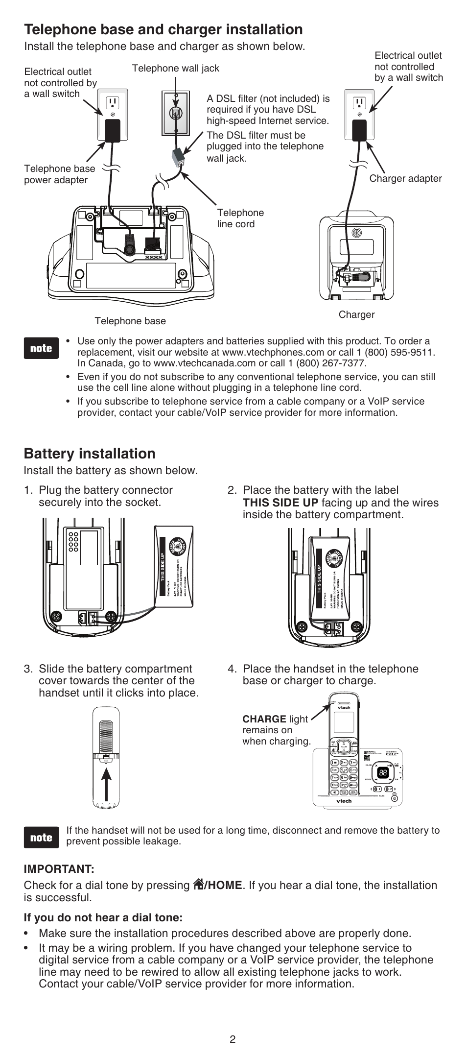 Telephone base and charger installation, Battery installation | VTech DS6522-3-32-4 Abridged manual User Manual | Page 2 / 16