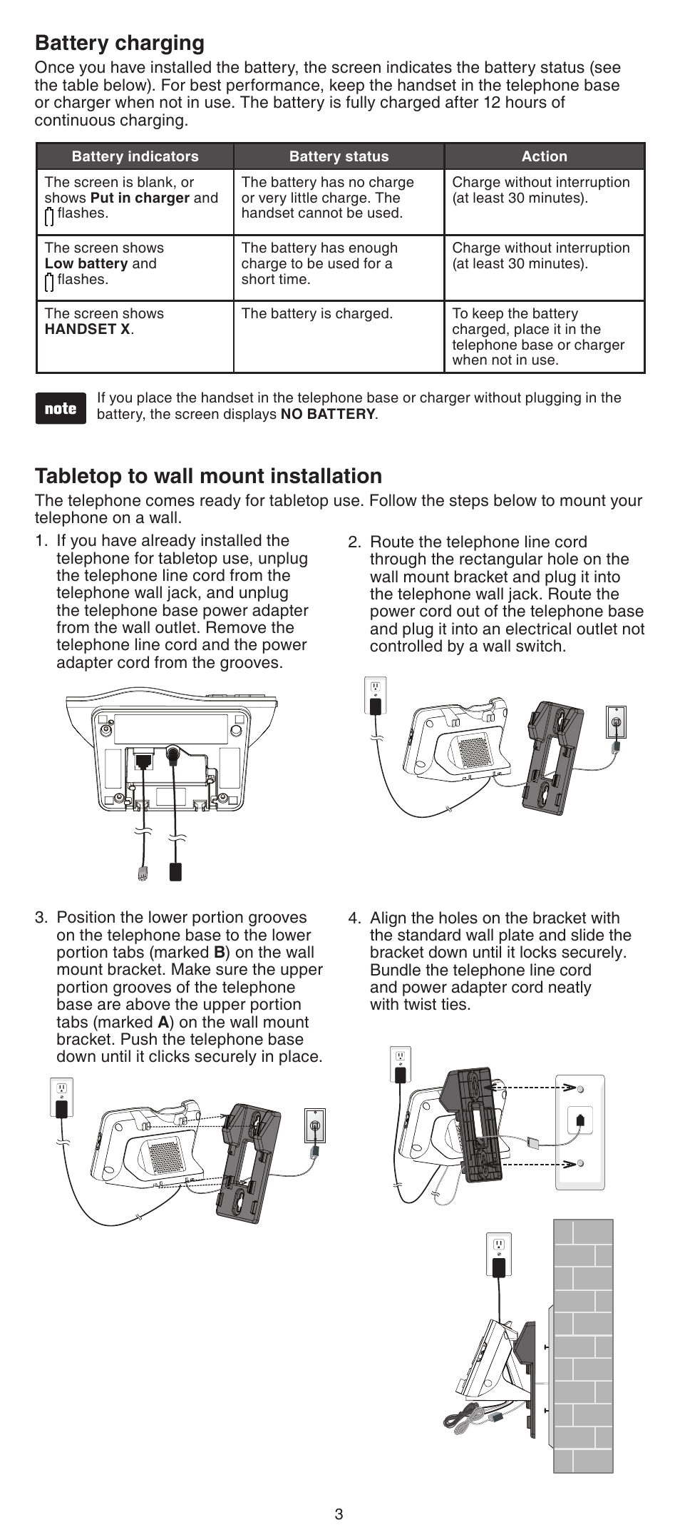 Battery charging, Tabletop to wall mount installation | VTech DS6522-3-32-4 Abridged manual User Manual | Page 3 / 16