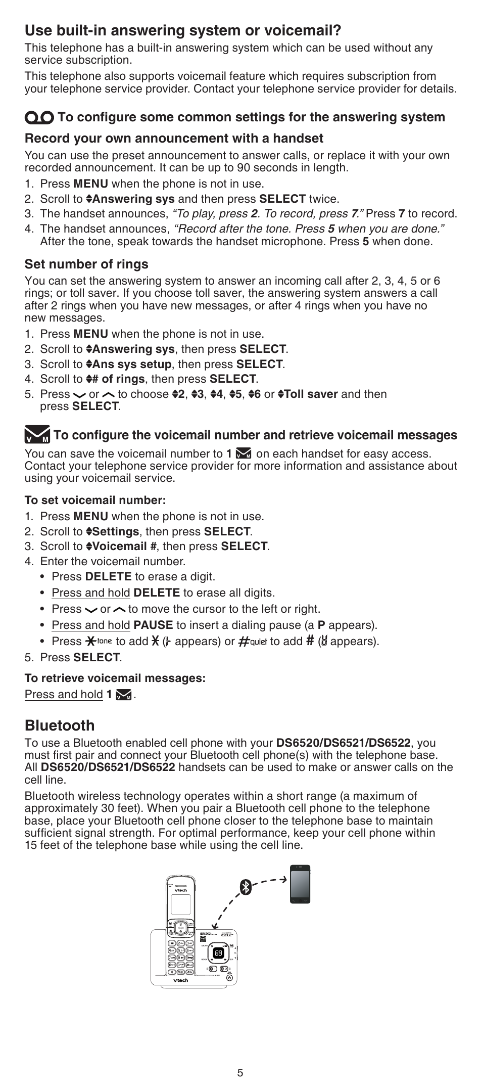 Use built-in answering system or voicemail, Bluetooth | VTech DS6522-3-32-4 Abridged manual User Manual | Page 5 / 16