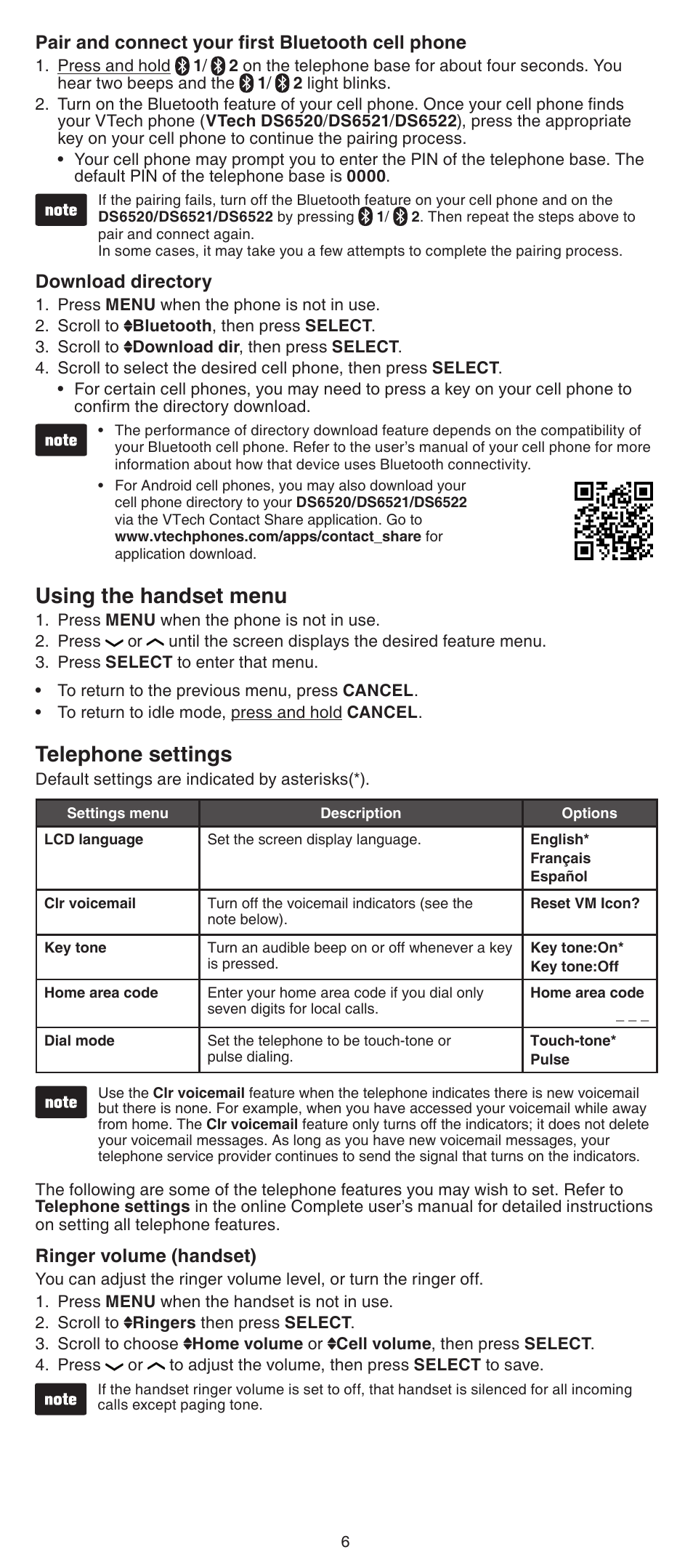 Using the handset menu, Telephone settings | VTech DS6522-3-32-4 Abridged manual User Manual | Page 6 / 16