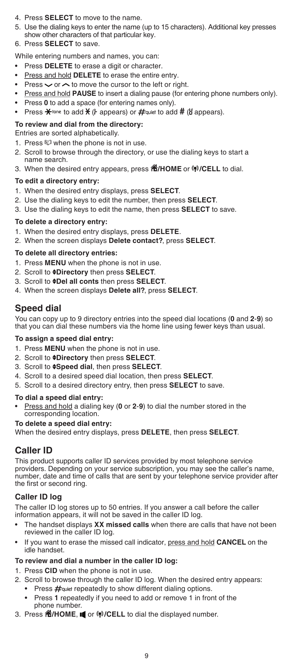 Speed dial, Caller id | VTech DS6522-3-32-4 Abridged manual User Manual | Page 9 / 16