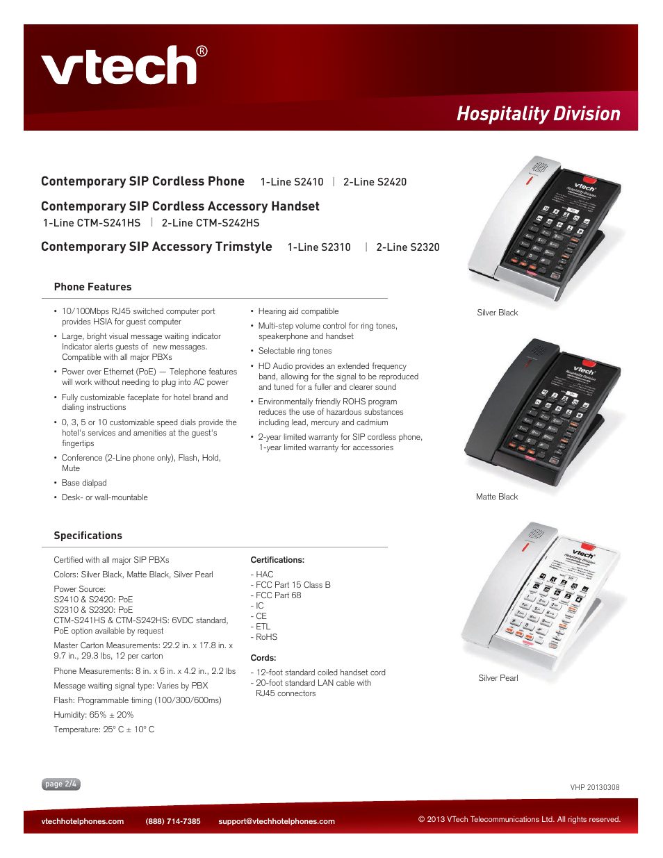 Key features, Contemporary sip cordless phone, Contemporary sip cordless accessory handset | Contemporary sip accessory trimstyle | VTech S2320 Spec Sheets User Manual | Page 2 / 4