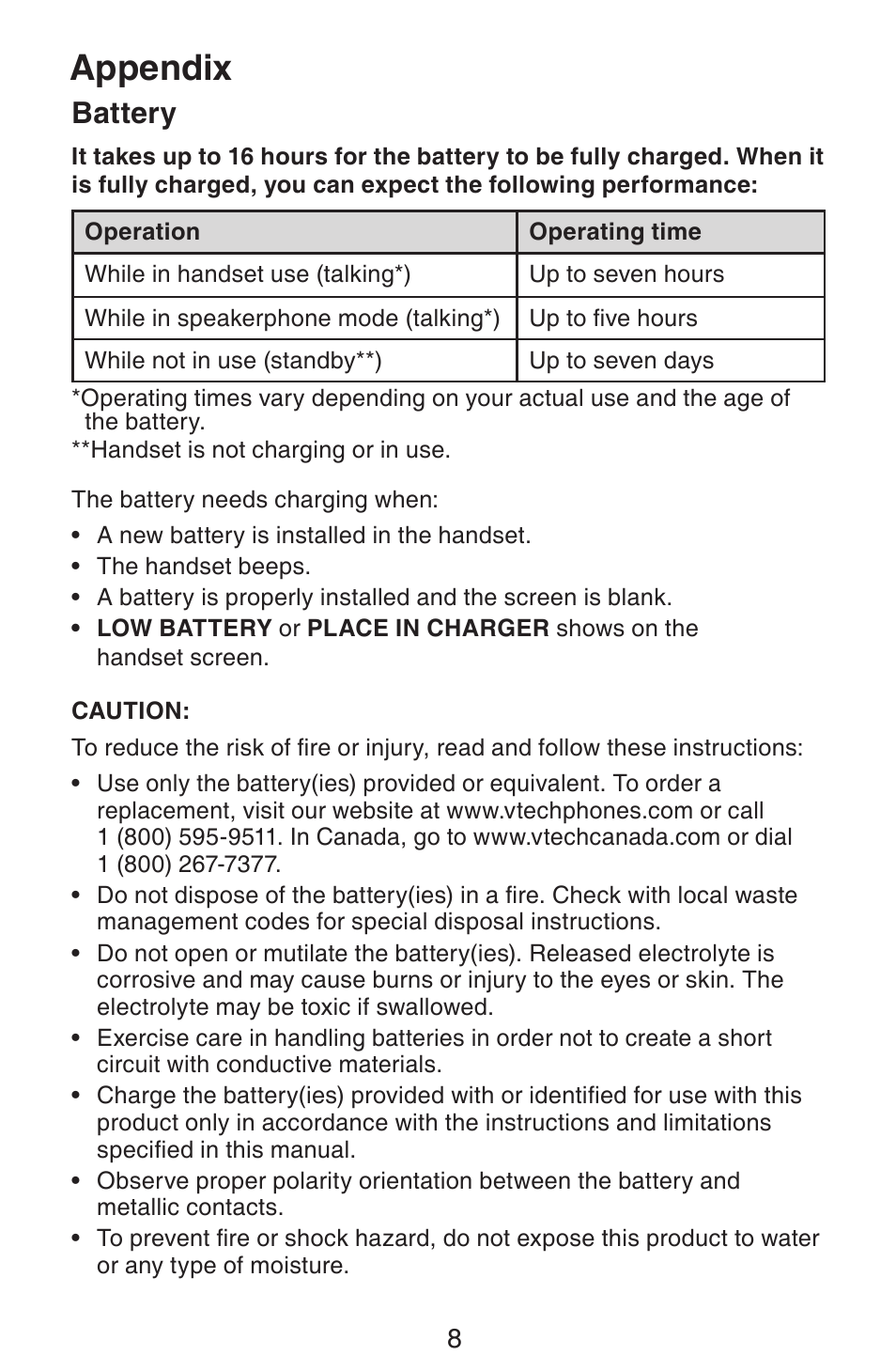 Appendix, Battery | VTech CS6319-2-3-4 Manual User Manual | Page 11 / 22