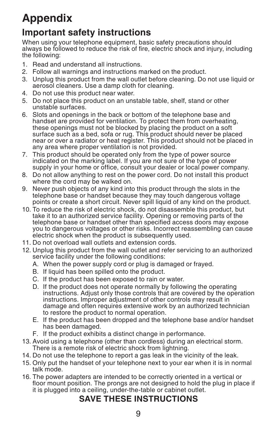 Appendix, Important safety instructions, Save these instructions | VTech CS6319-2-3-4 Manual User Manual | Page 12 / 22