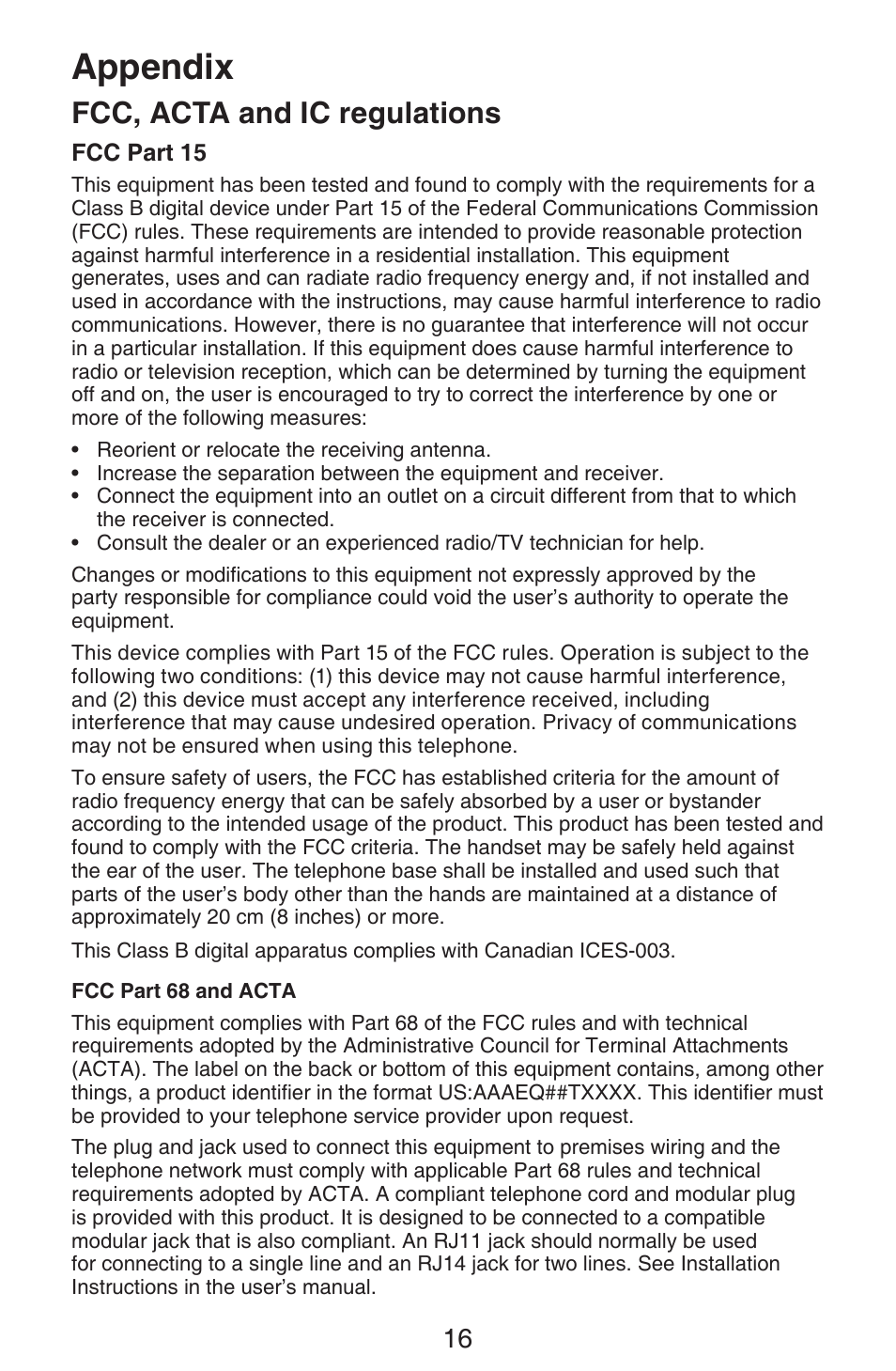 Appendix, Fcc, acta and ic regulations | VTech CS6319-2-3-4 Manual User Manual | Page 19 / 22