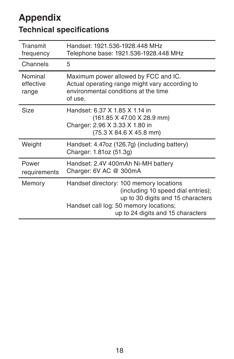 Appendix, Technical specifications | VTech CS6319-2-3-4 Manual User Manual | Page 21 / 22