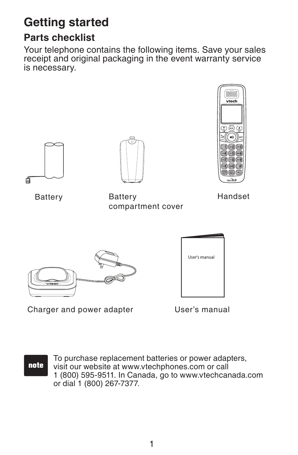 Getting started, Parts checklist | VTech CS6319-2-3-4 Manual User Manual | Page 4 / 22