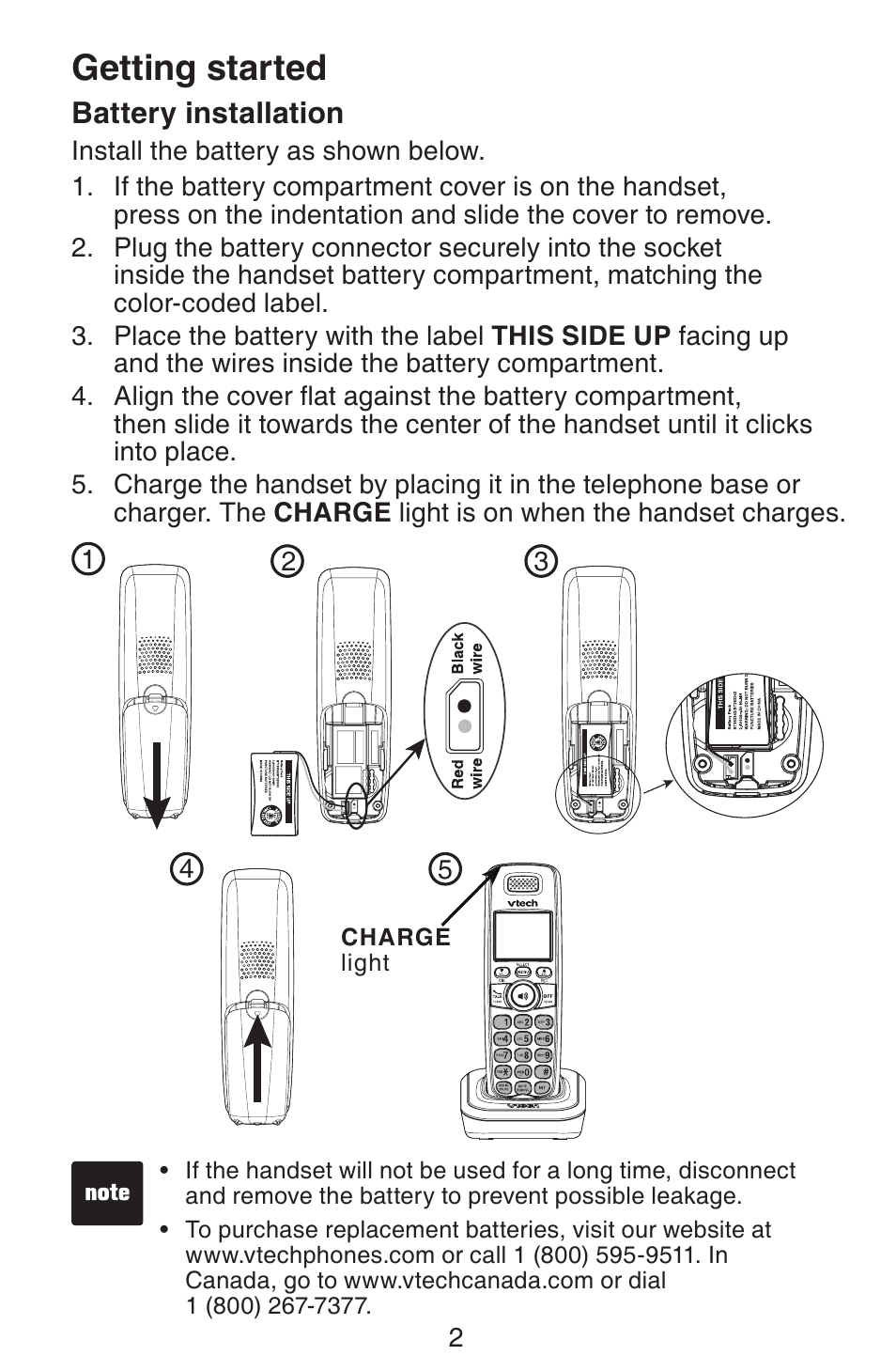 Getting started, Battery installation | VTech CS6319-2-3-4 Manual User Manual | Page 5 / 22