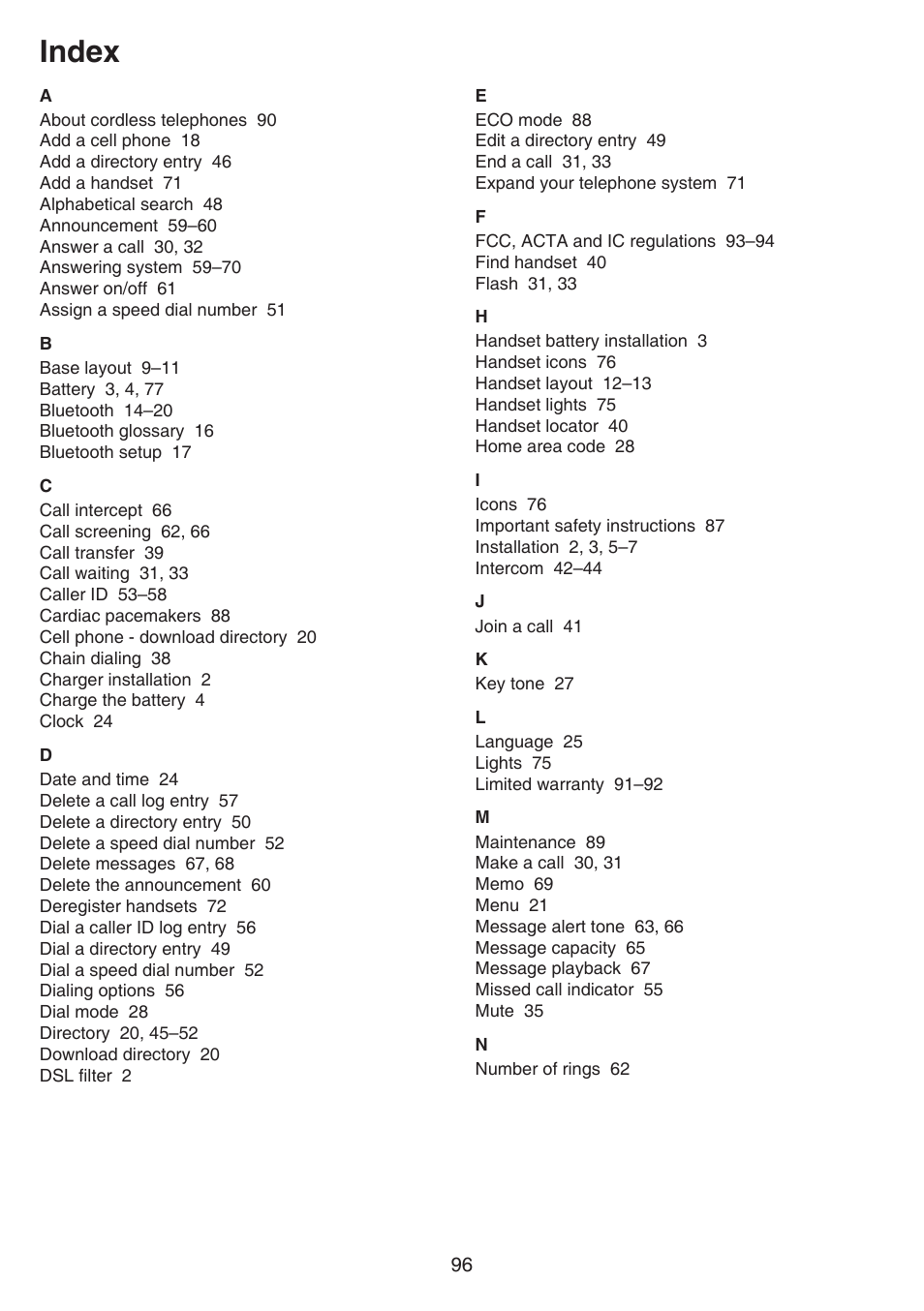 Index | VTech DS6641_-2 Manual User Manual | Page 100 / 102