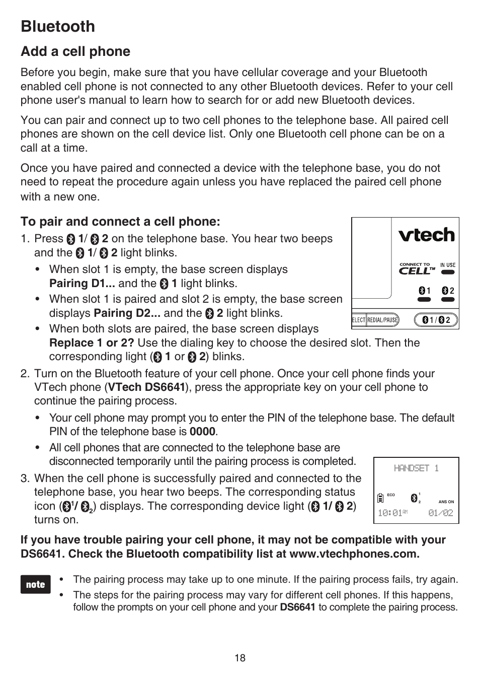 Add a cell phone, Bluetooth | VTech DS6641_-2 Manual User Manual | Page 22 / 102