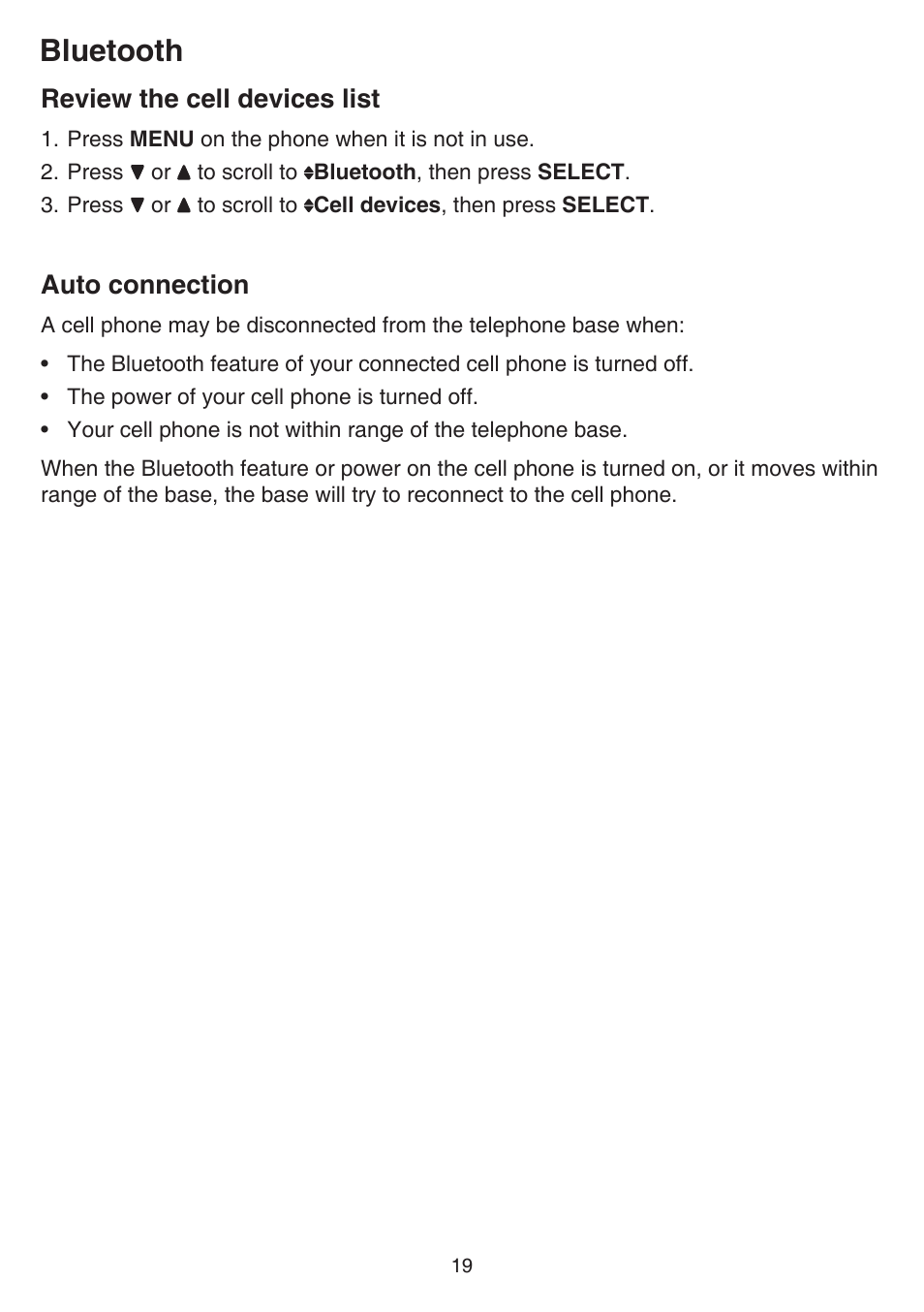 Review the cell devices list, Auto connection, Review the cell devices list auto connection | Bluetooth | VTech DS6641_-2 Manual User Manual | Page 23 / 102