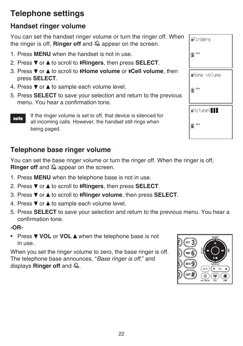 Handset ringer volume, Telephone base ringer volume, Handset ringer volume telephone base ringer volume | Telephone settings | VTech DS6641_-2 Manual User Manual | Page 26 / 102