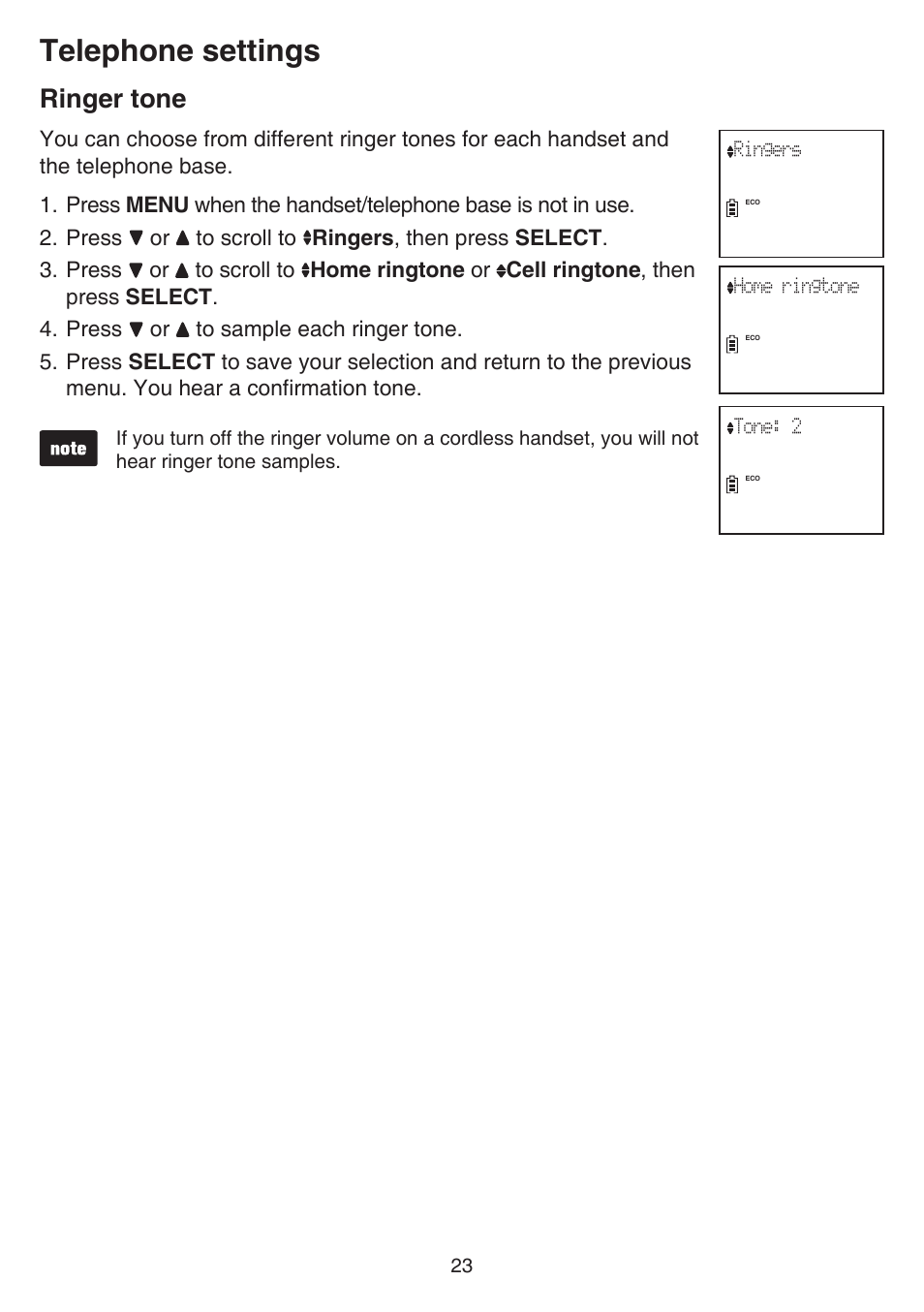 Ringer tone, Telephone settings | VTech DS6641_-2 Manual User Manual | Page 27 / 102