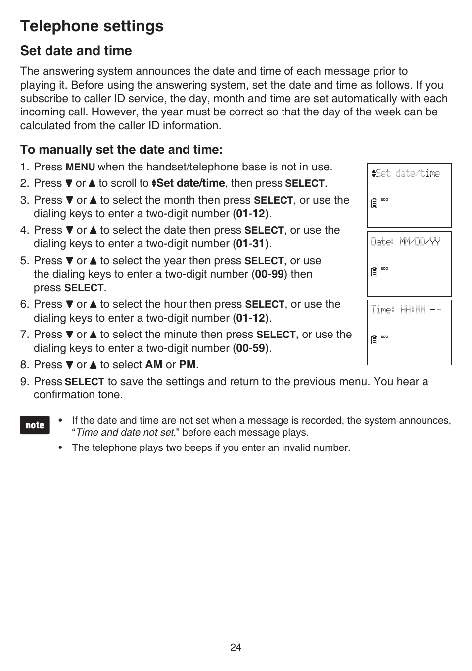 Set date and time, Telephone settings | VTech DS6641_-2 Manual User Manual | Page 28 / 102