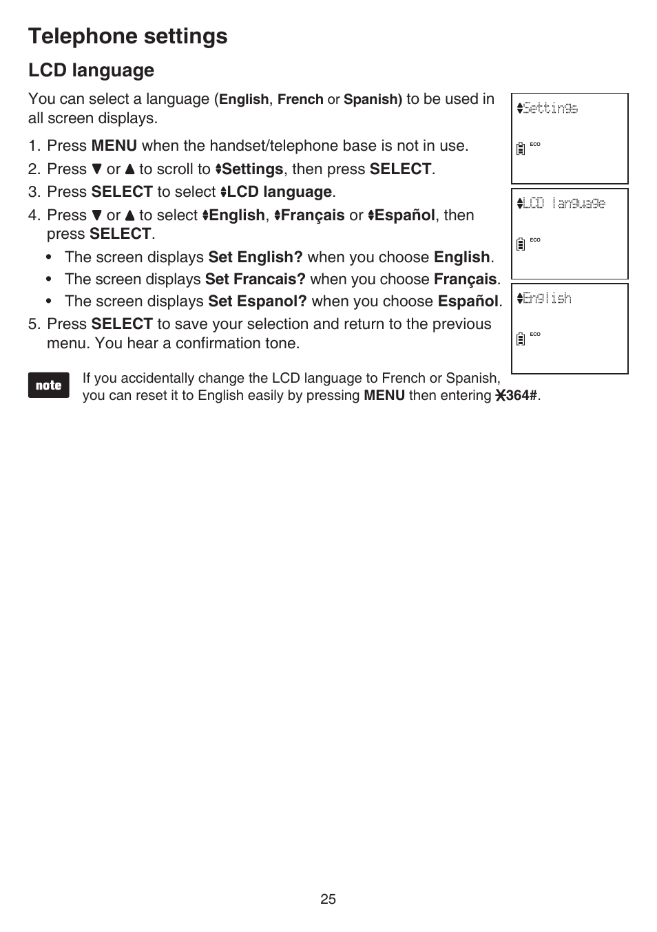 Lcd language, Telephone settings | VTech DS6641_-2 Manual User Manual | Page 29 / 102