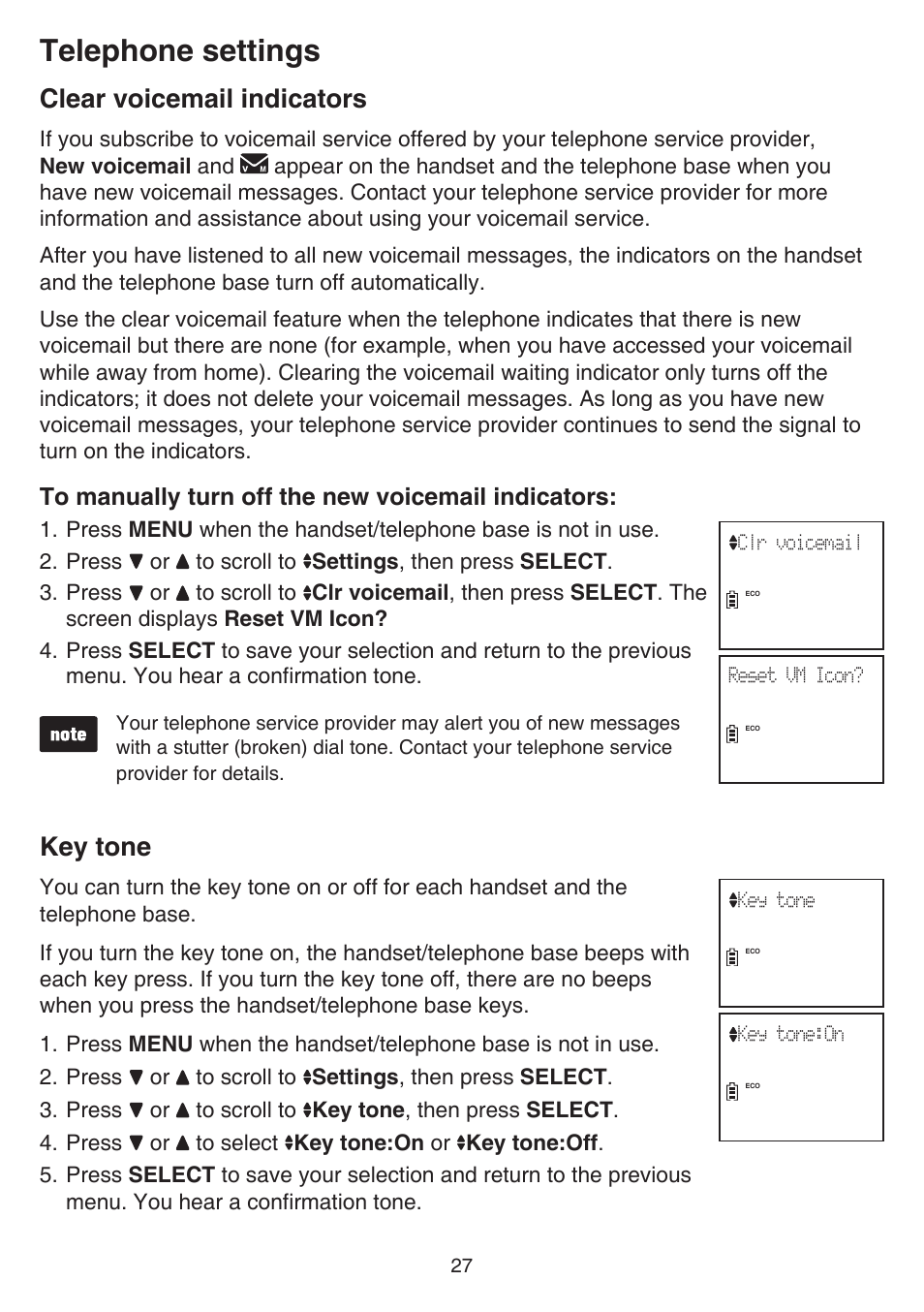 Clear voicemail indicators, Key tone, Clear voicemail indicators key tone | Telephone settings | VTech DS6641_-2 Manual User Manual | Page 31 / 102