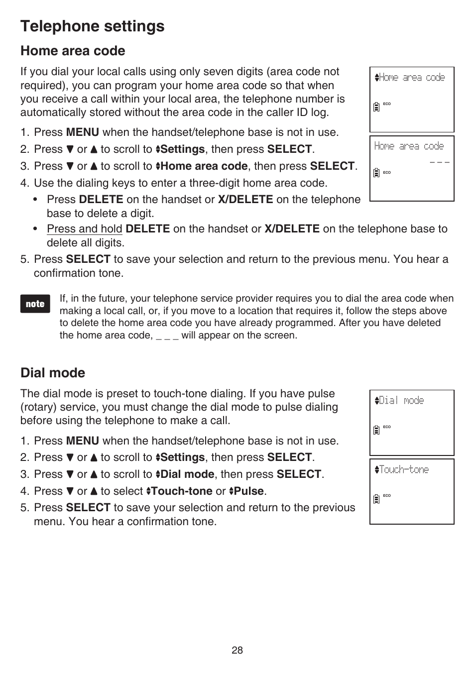 Home area code, Dial mode, Home area code dial mode | Telephone settings | VTech DS6641_-2 Manual User Manual | Page 32 / 102