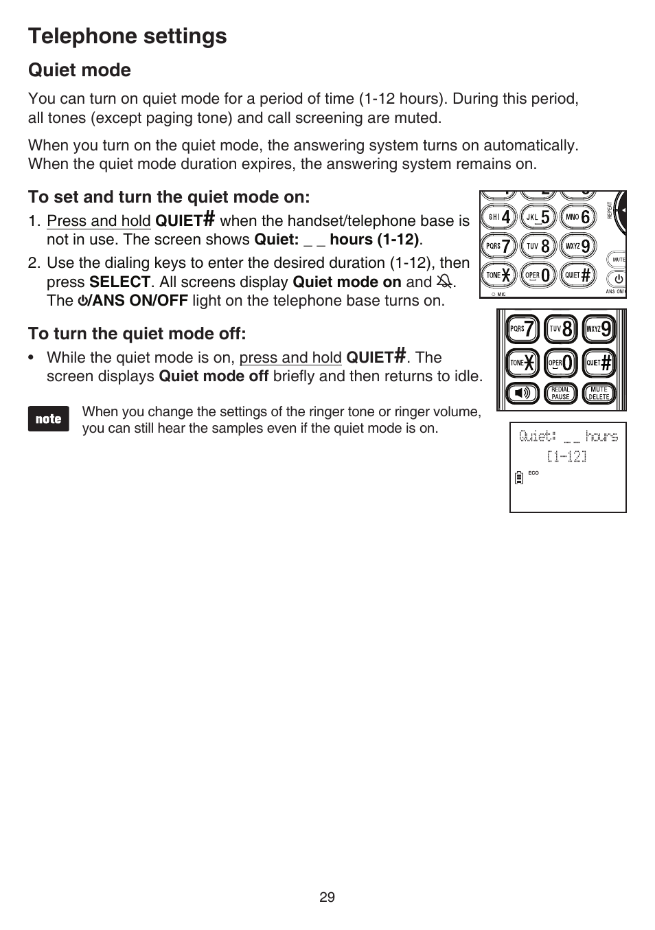 Quiet mode, Telephone settings | VTech DS6641_-2 Manual User Manual | Page 33 / 102