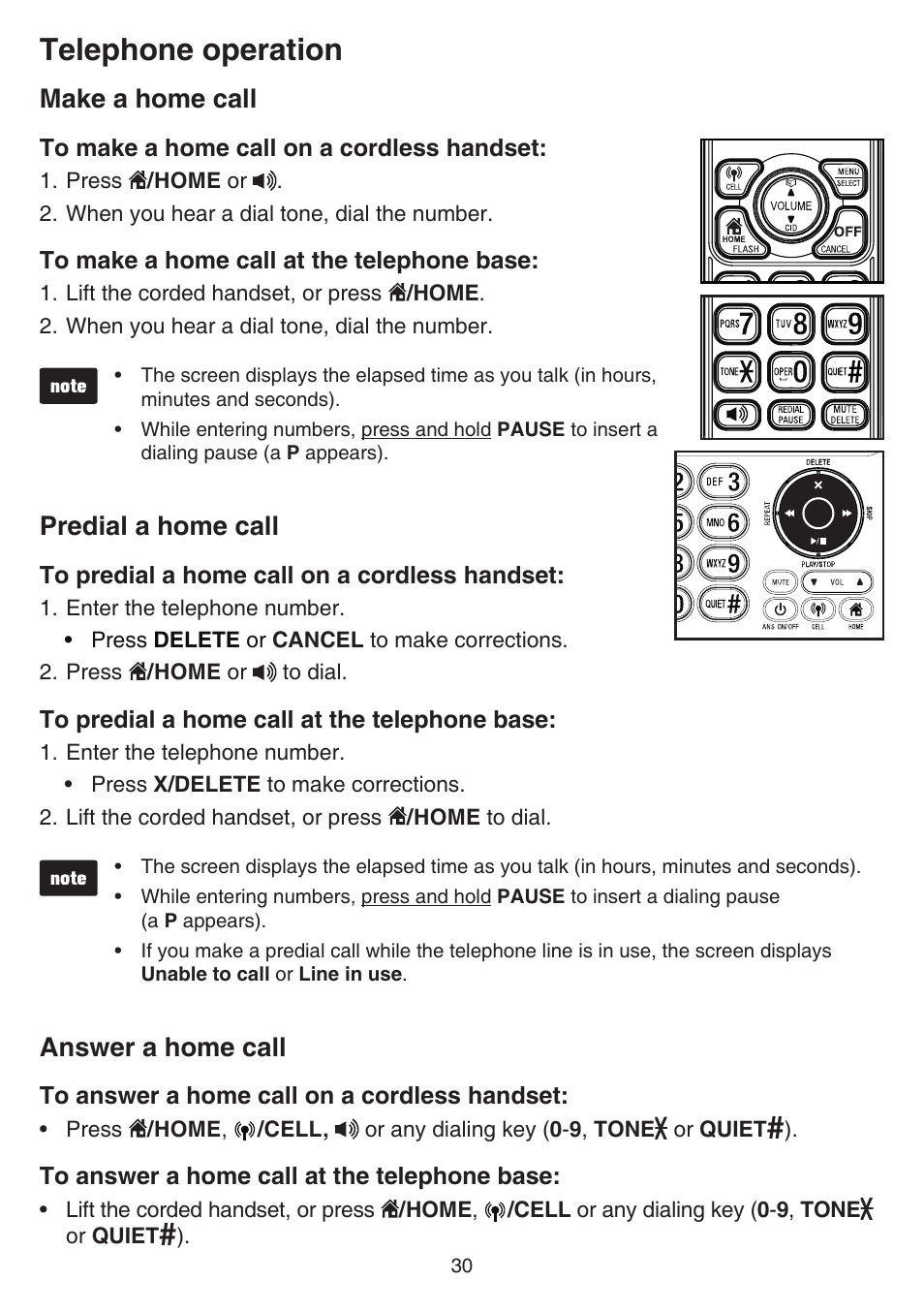 Making and answering a call, Last number redial, Ringer volume control | Handset volume control, Telephone operation, Make a home call, Predial a home call, Answer a home call | VTech DS6641_-2 Manual User Manual | Page 34 / 102