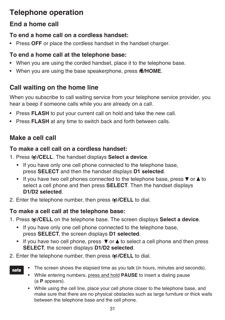 End a home call, Call waiting on the home line, Make a cell call | Call waiting on the home line make a cell call, Telephone operation | VTech DS6641_-2 Manual User Manual | Page 35 / 102