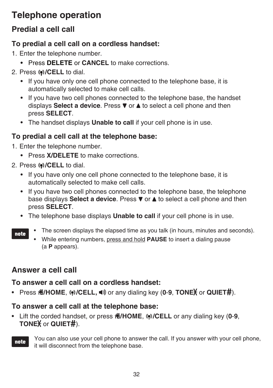 Predial a cell call, Answer a cell call, Predial a cell call answer a cell call | Telephone operation | VTech DS6641_-2 Manual User Manual | Page 36 / 102