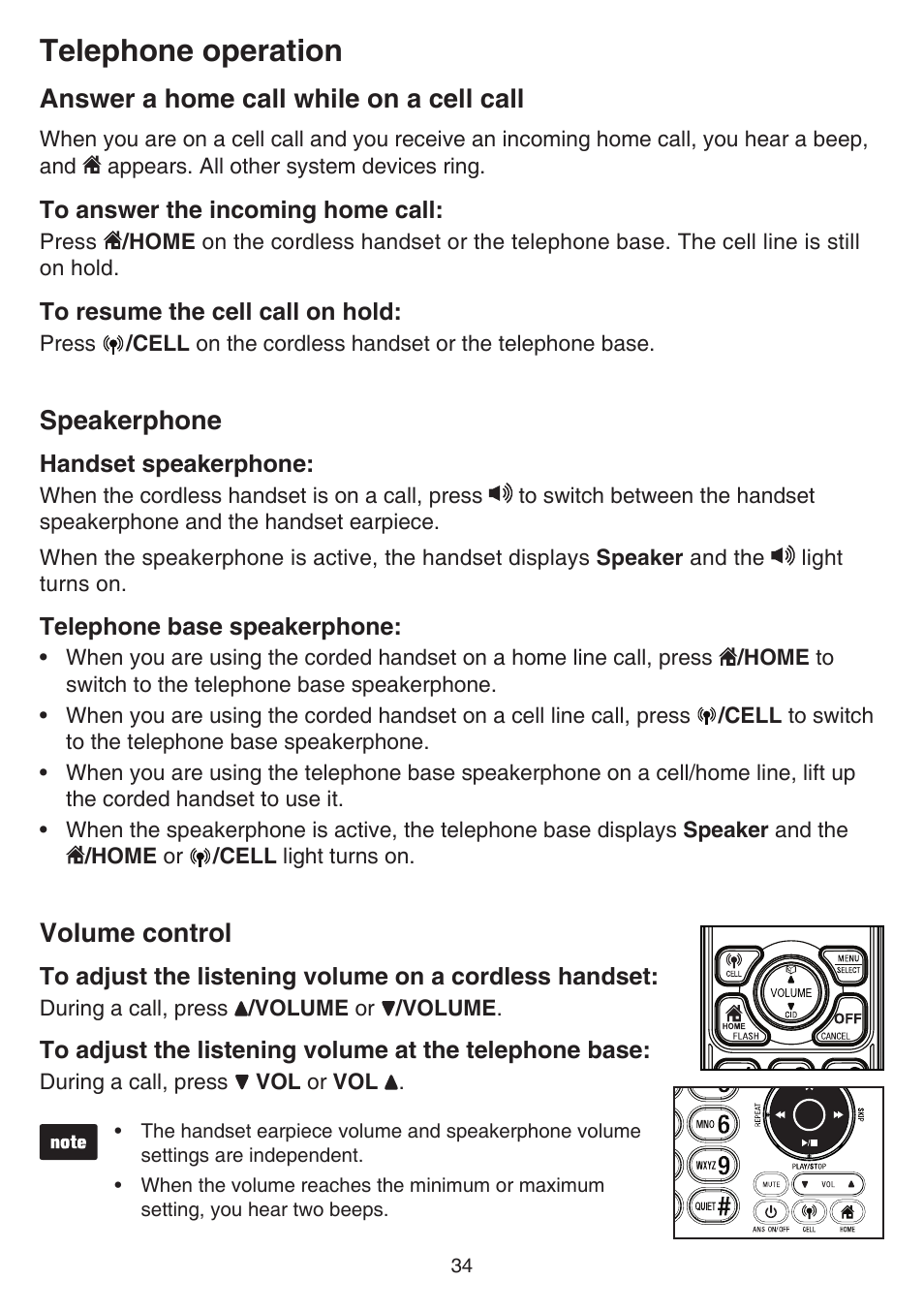 Flash, Mute, Temporary tone dialing | Answer a home call while on a cell call, Speakerphone, Volume control, Telephone operation | VTech DS6641_-2 Manual User Manual | Page 38 / 102