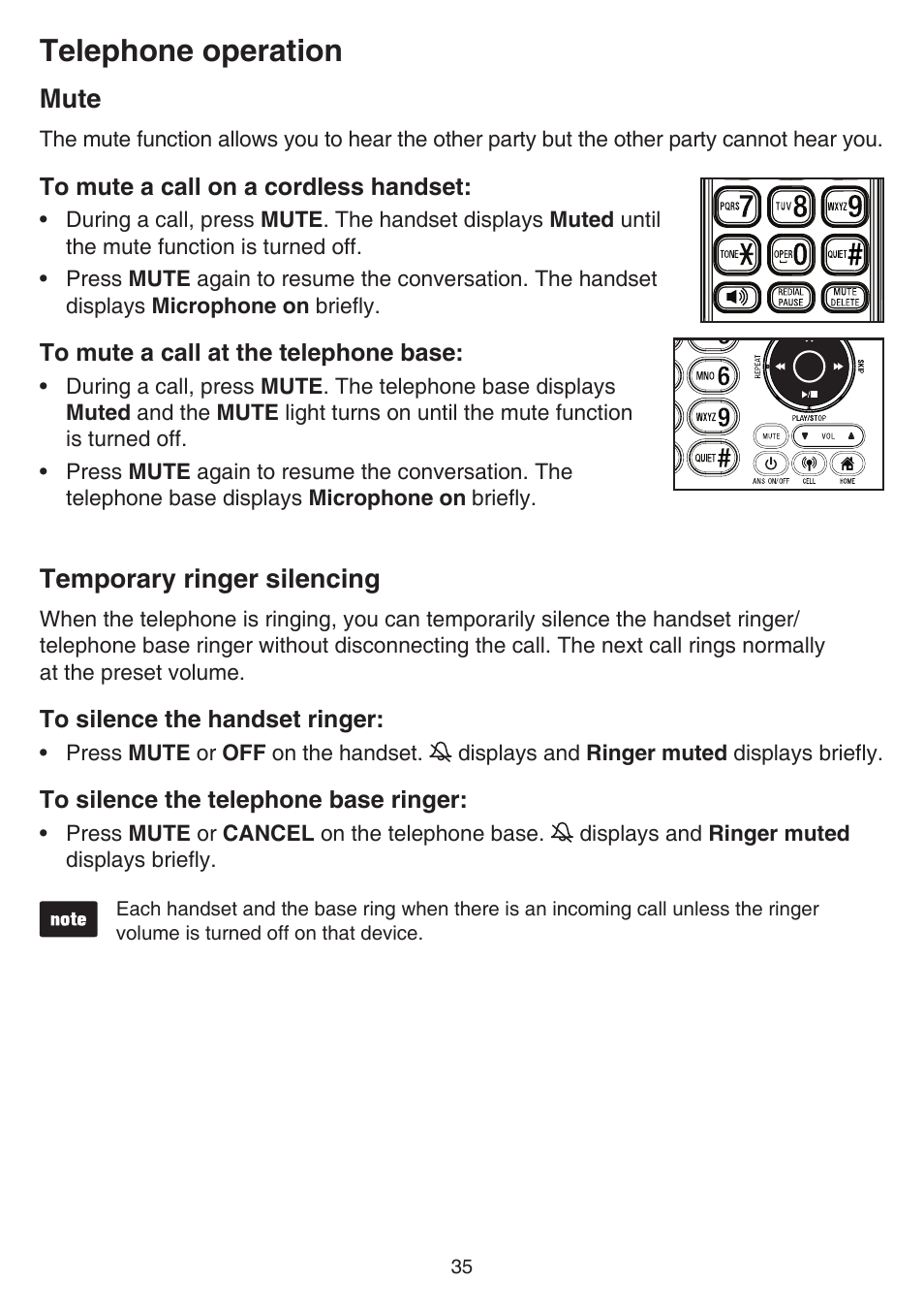 Memory overview, Storing a number in a one-touch location, Mute | Temporary ringer silencing, Mute temporary ringer silencing, Telephone operation | VTech DS6641_-2 Manual User Manual | Page 39 / 102