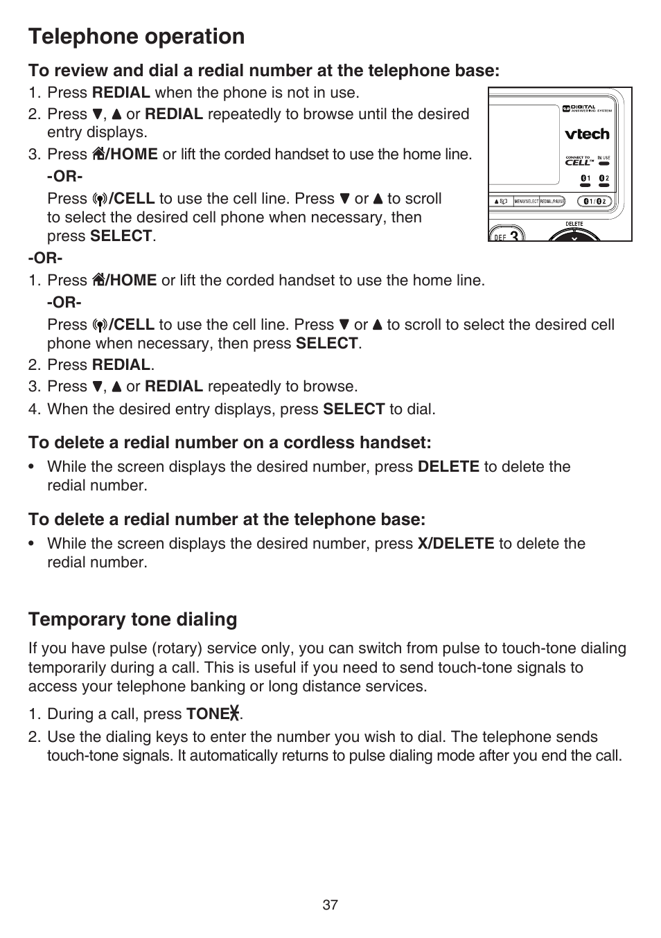 Temporary tone dialing, Telephone operation | VTech DS6641_-2 Manual User Manual | Page 41 / 102