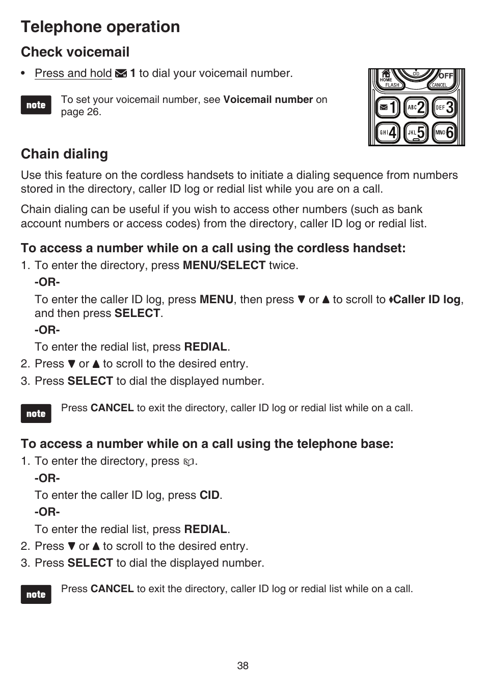 Dialing a number stored in the one-touch location, Storing a number in a two-touch location, Dialing a number stored in the two-touch location | Check voicemail, Chain dialing, Check voicemail chain dialing, Telephone operation | VTech DS6641_-2 Manual User Manual | Page 42 / 102