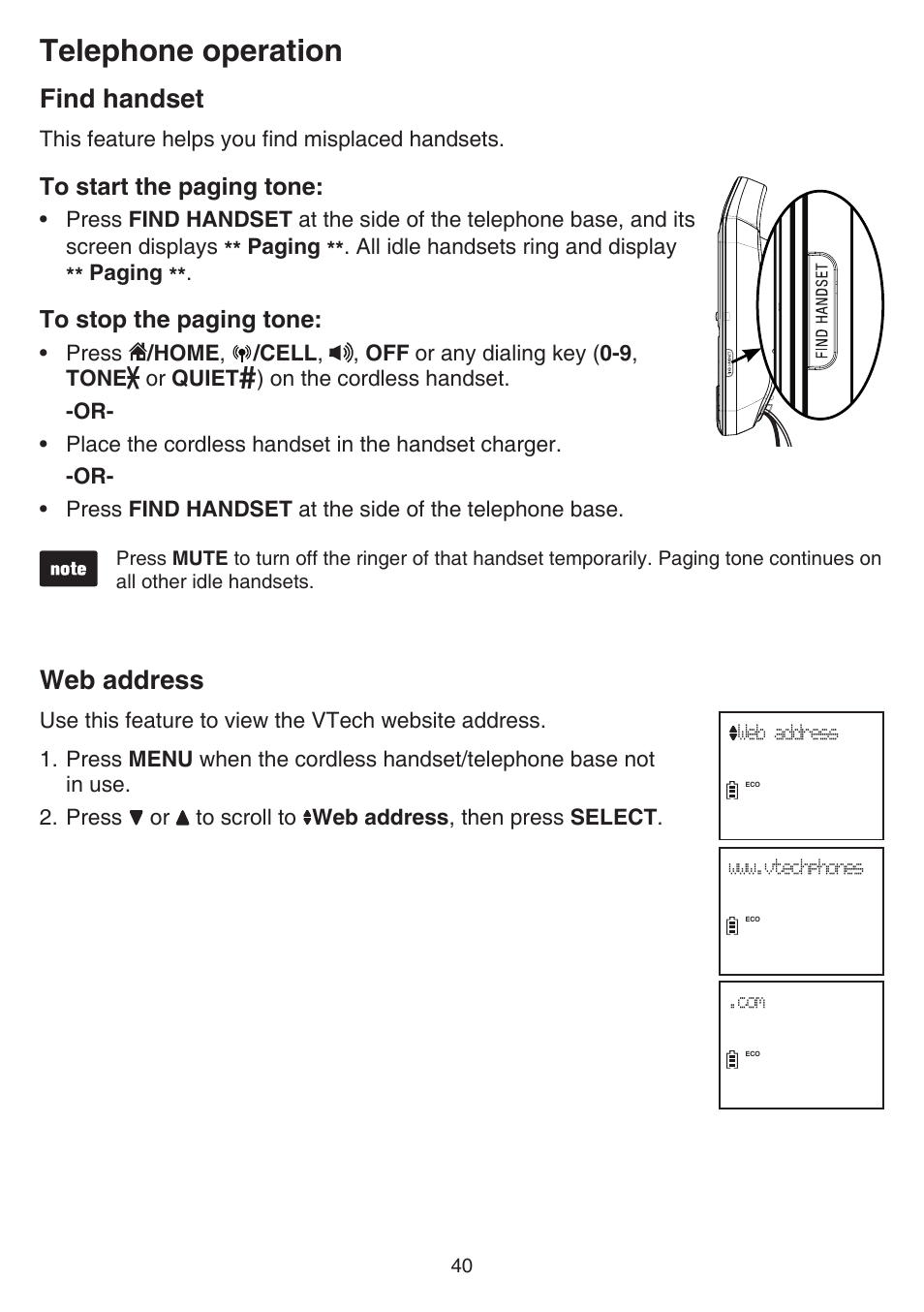Find handset, Web address, Find handset web address | Telephone operation | VTech DS6641_-2 Manual User Manual | Page 44 / 102