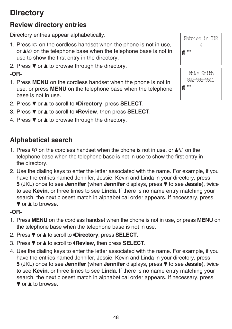 Review directory entries, Alphabetical search, Review directory entries alphabetical search | Directory | VTech DS6641_-2 Manual User Manual | Page 52 / 102