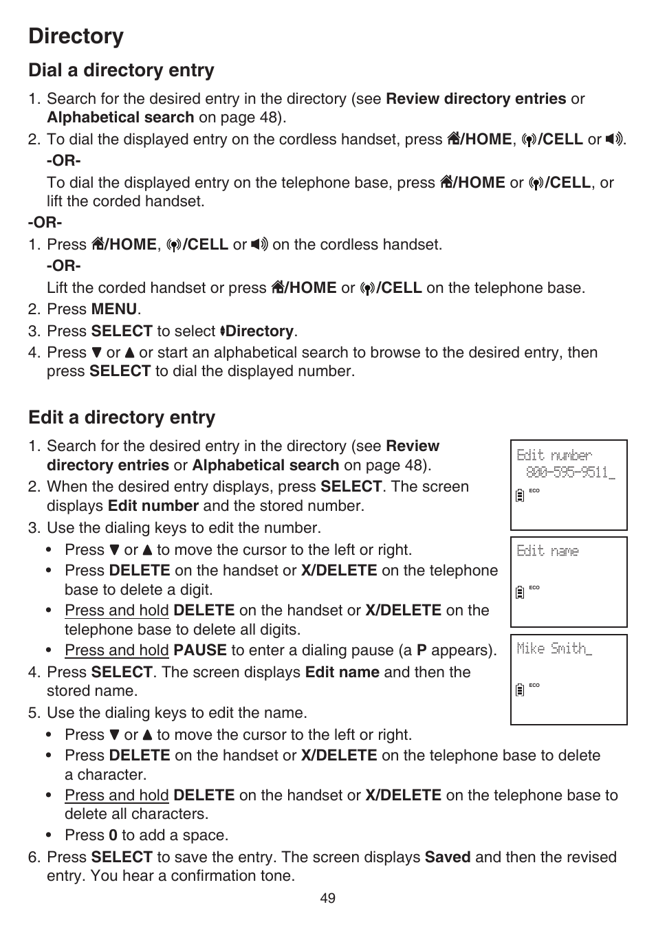 Dial a directory entry, Edit a directory entry, Dial a directory entry edit a directory entry | Directory | VTech DS6641_-2 Manual User Manual | Page 53 / 102
