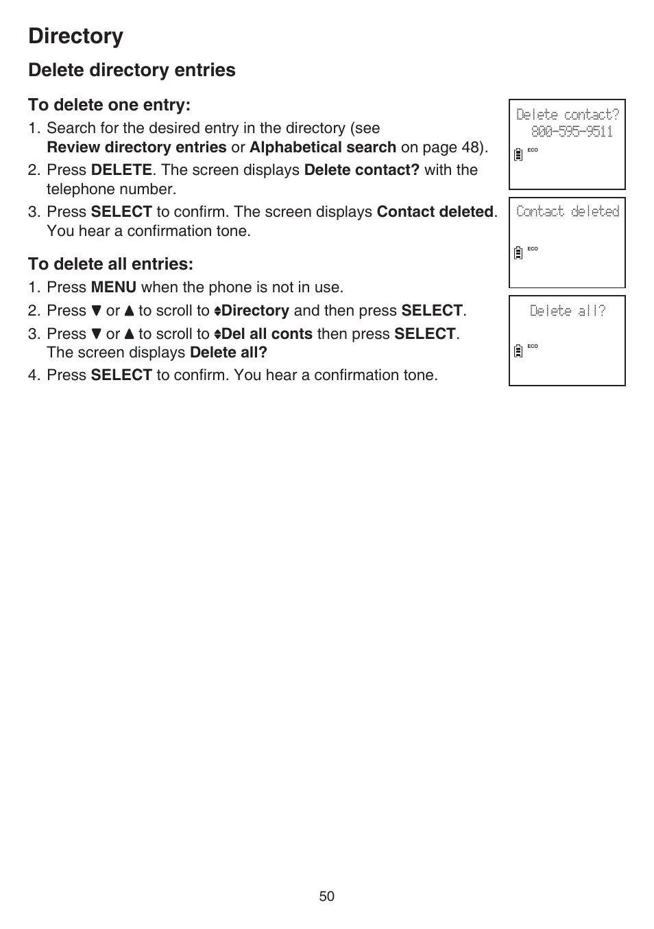 Delete directory entries, Directory | VTech DS6641_-2 Manual User Manual | Page 54 / 102