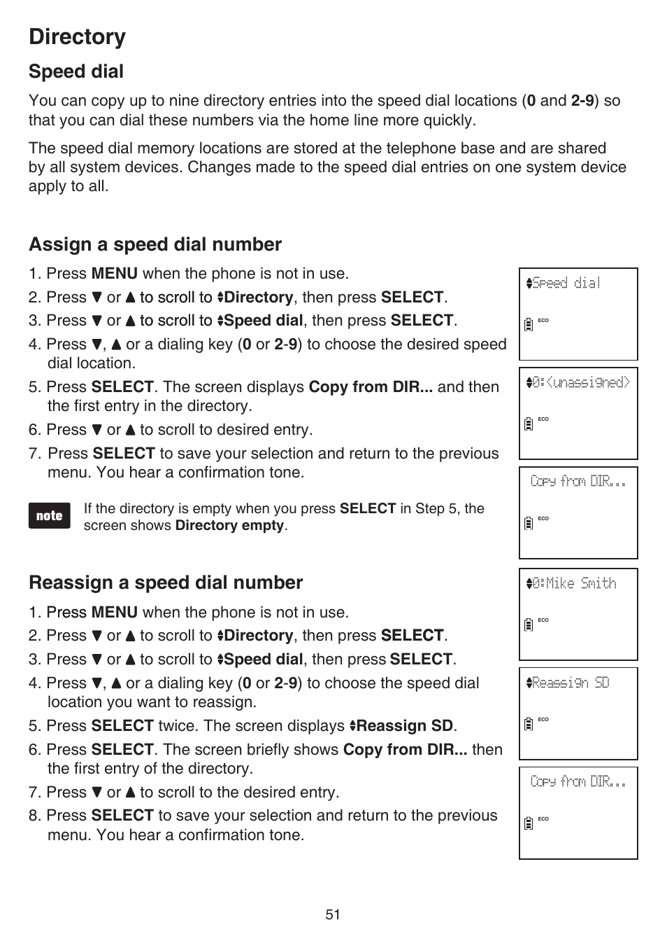 Speed dial, Assign a speed dial number, Reassign a speed dial number | Directory | VTech DS6641_-2 Manual User Manual | Page 55 / 102