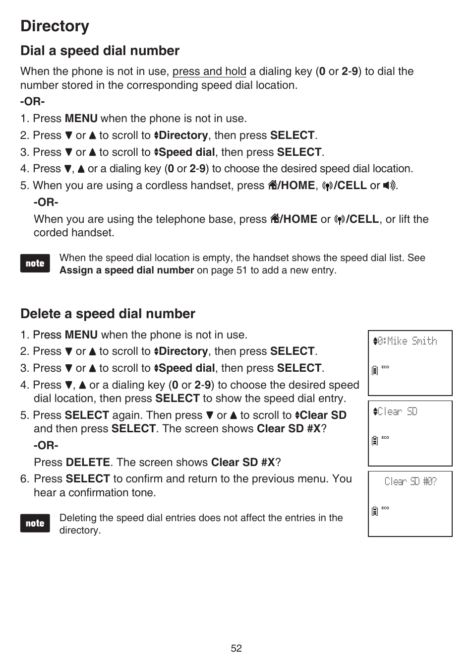 Dial a speed dial number, Delete a speed dial number, Directory | VTech DS6641_-2 Manual User Manual | Page 56 / 102
