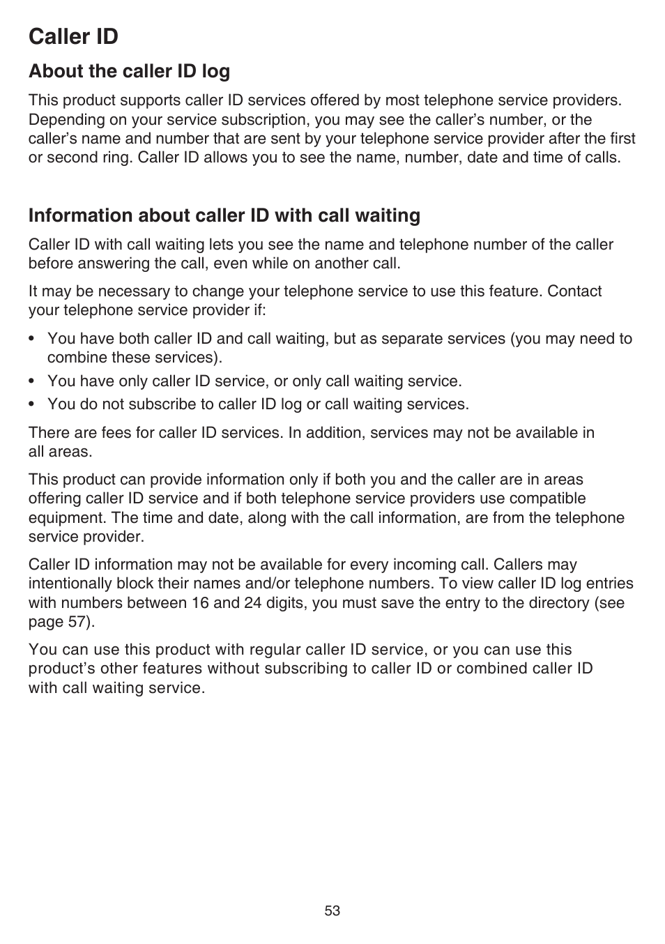 Caller id, About the caller id log, Information about caller id with call waiting | Call waiting | VTech DS6641_-2 Manual User Manual | Page 57 / 102