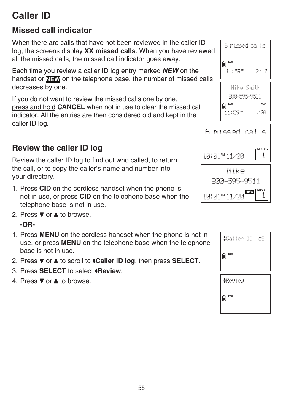 Storing a call history record into directory, Missed call indicator, Review the caller id log | Missed call indicator review the caller id log, Caller id | VTech DS6641_-2 Manual User Manual | Page 59 / 102