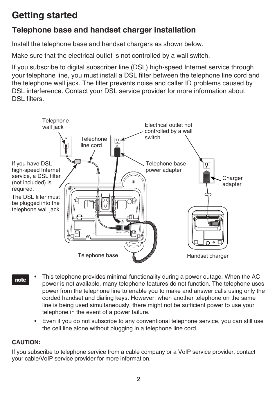 Telephone installation, Telephone base and handset charger installation, Telephone base and handset charger | Installation, Getting started | VTech DS6641_-2 Manual User Manual | Page 6 / 102