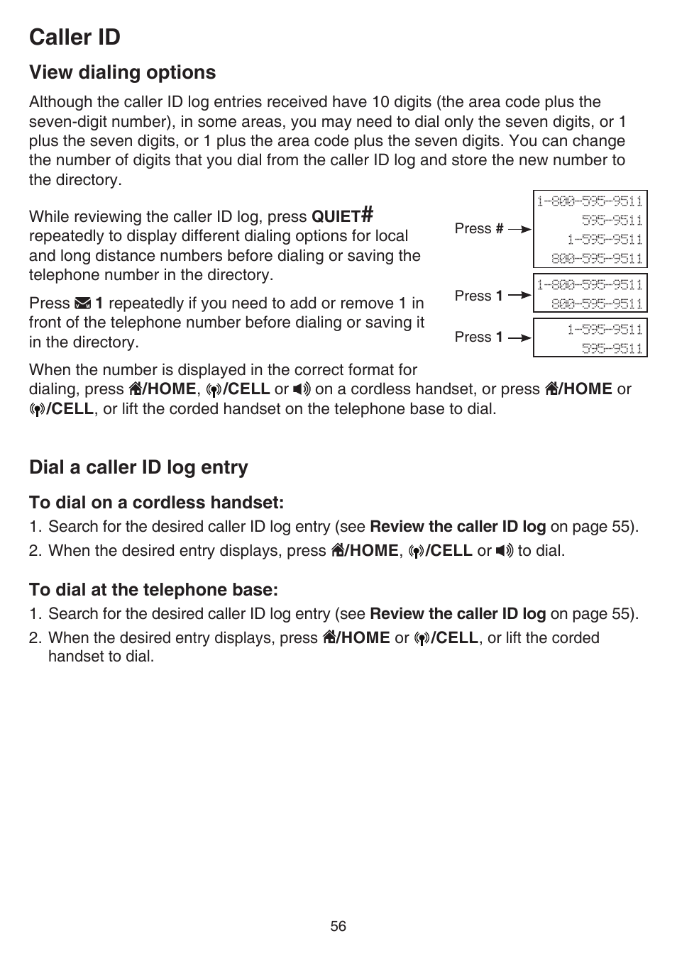 View dialing options, Dial a caller id log entry, View dialing options dial a caller id log entry | Caller id | VTech DS6641_-2 Manual User Manual | Page 60 / 102