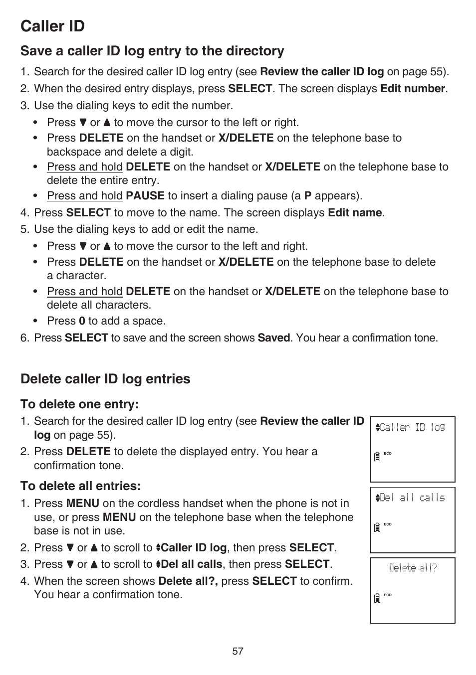 Save a caller id log entry to the directory, Delete caller id log entries, Caller id | VTech DS6641_-2 Manual User Manual | Page 61 / 102