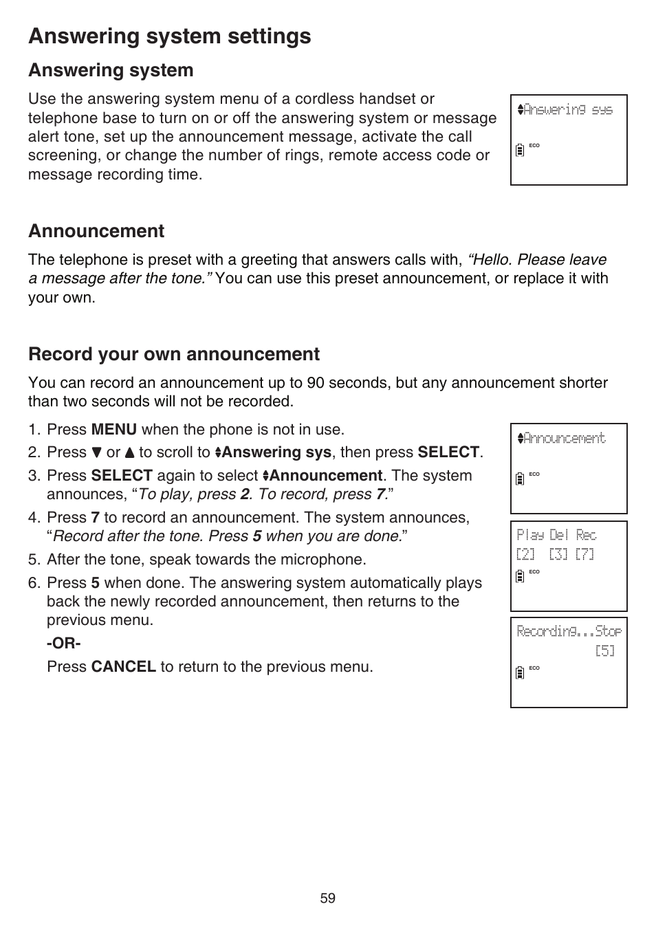 Answering system settings, Answering system, Announcement | Record your own announcement | VTech DS6641_-2 Manual User Manual | Page 63 / 102