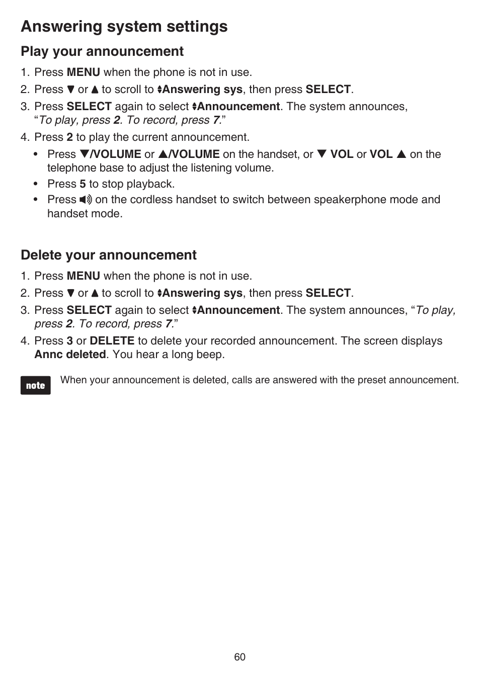 Play your announcement, Delete your announcement, Play your announcement delete your announcement | Answering system settings | VTech DS6641_-2 Manual User Manual | Page 64 / 102