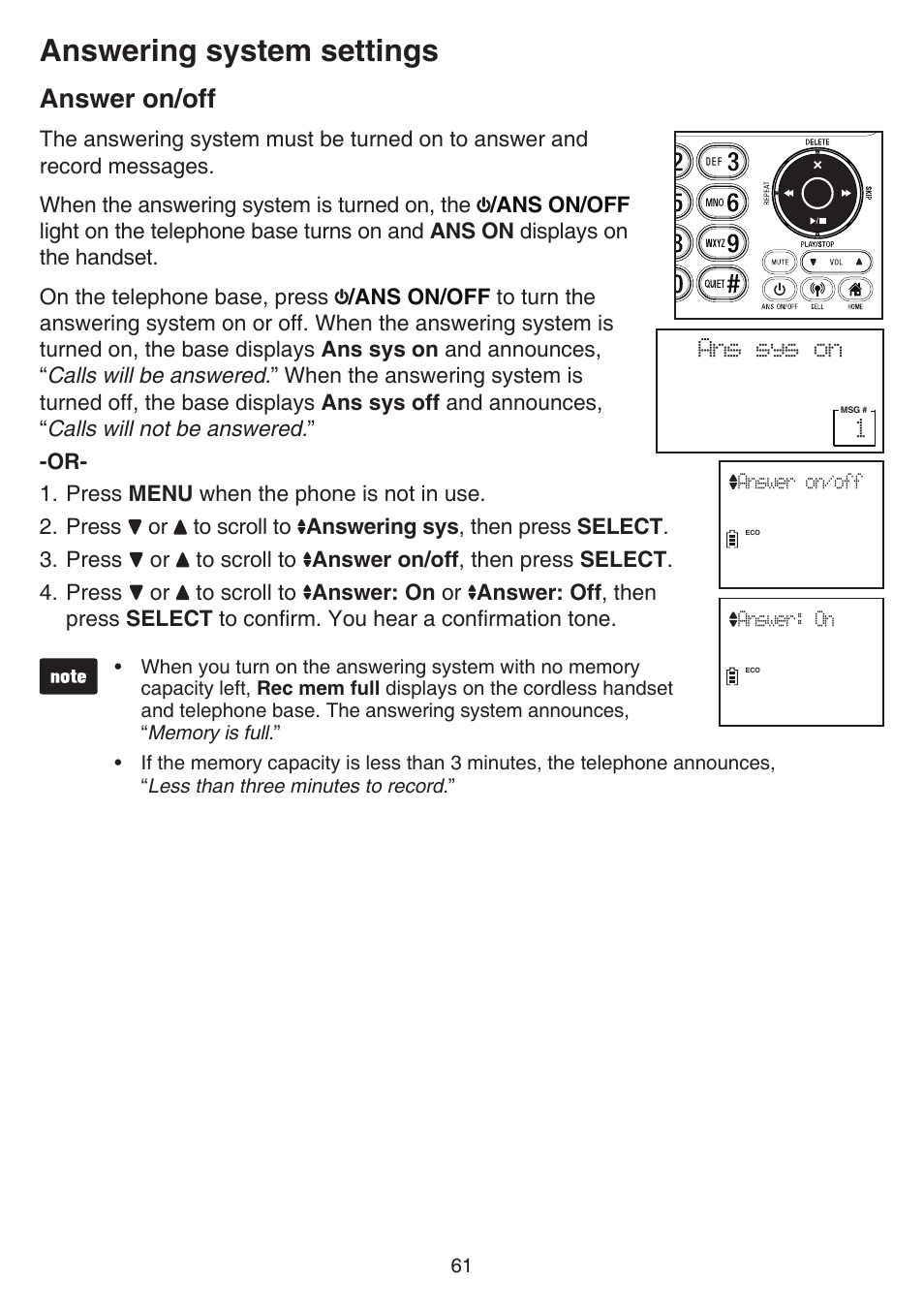 Answer on/off, Answering system settings | VTech DS6641_-2 Manual User Manual | Page 65 / 102