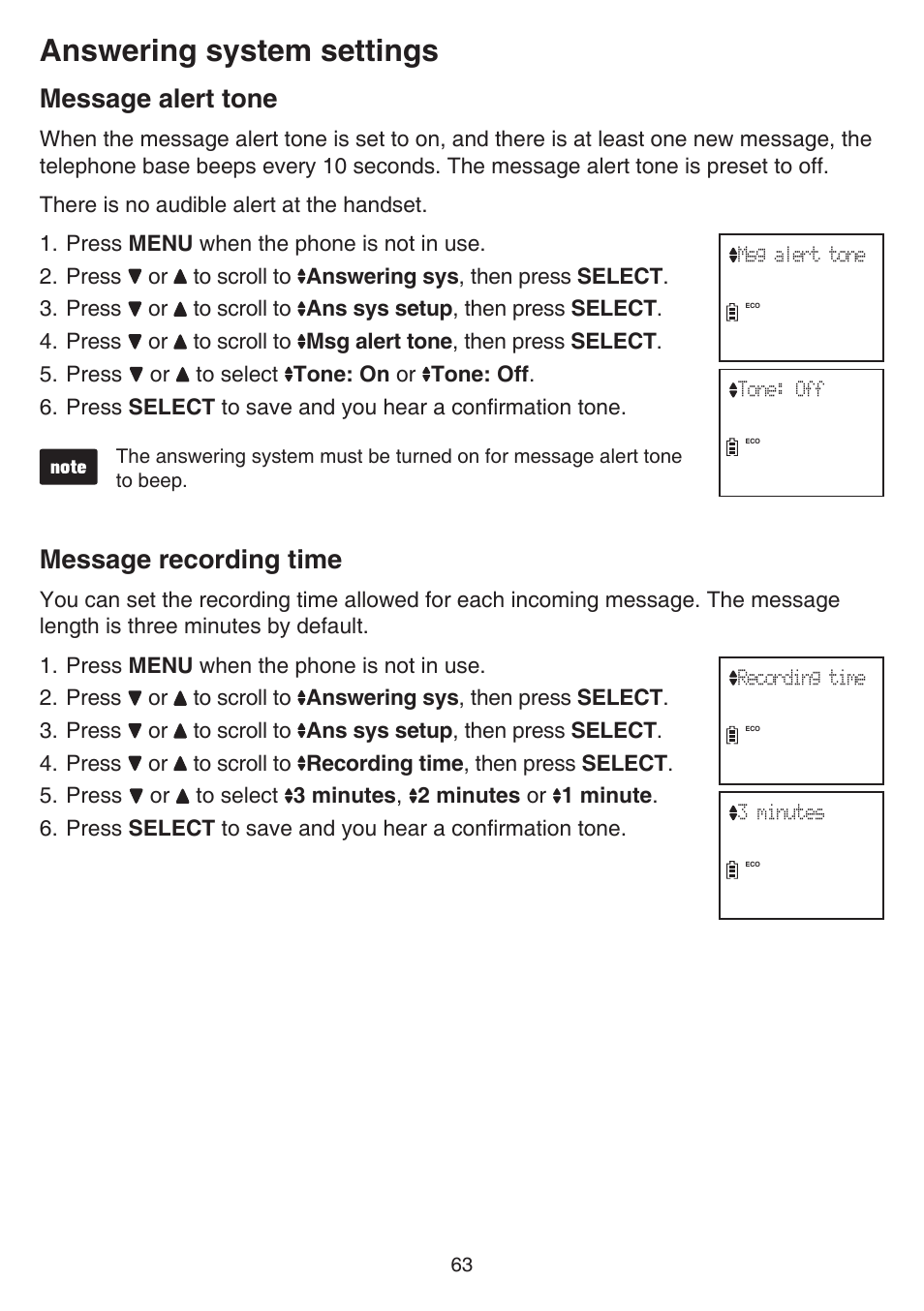 Message alert tone, Message recording time, Message alert tone message recording time | Answering system settings | VTech DS6641_-2 Manual User Manual | Page 67 / 102